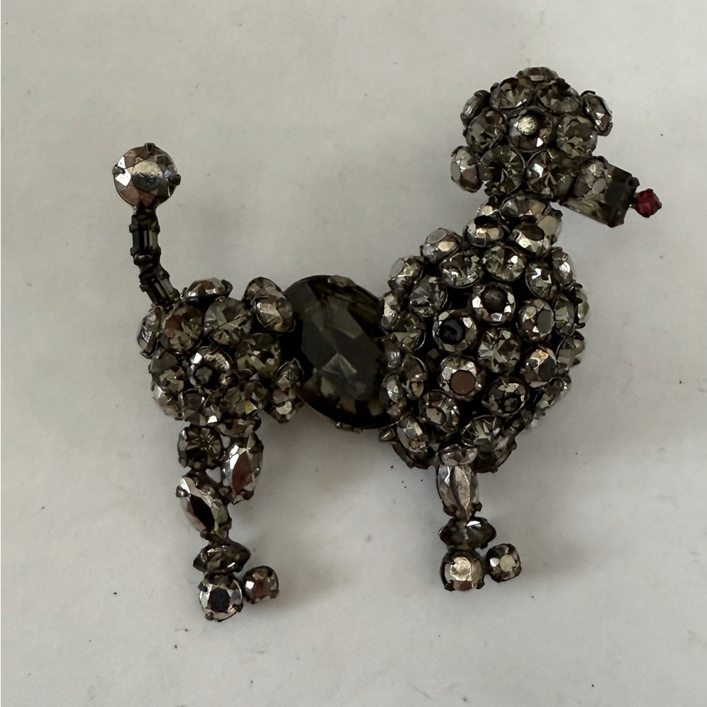 Vintage SCHREINER Smokey Rhinestone POODLE Dog Brooch Pin  w/ Red Nose